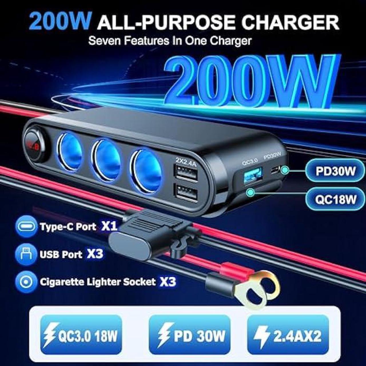 Alt view image 3 of 6 - EUGIZMO 12V Car Cigarette Lighter Socket, 200W 3 Socket Cigarette Lighter Plug Splitter USB Charger Adapter 12 Volt Socket Power Outlet Auxiliary Cigarette Lighter Socket with Eyelet Terminal (Red)