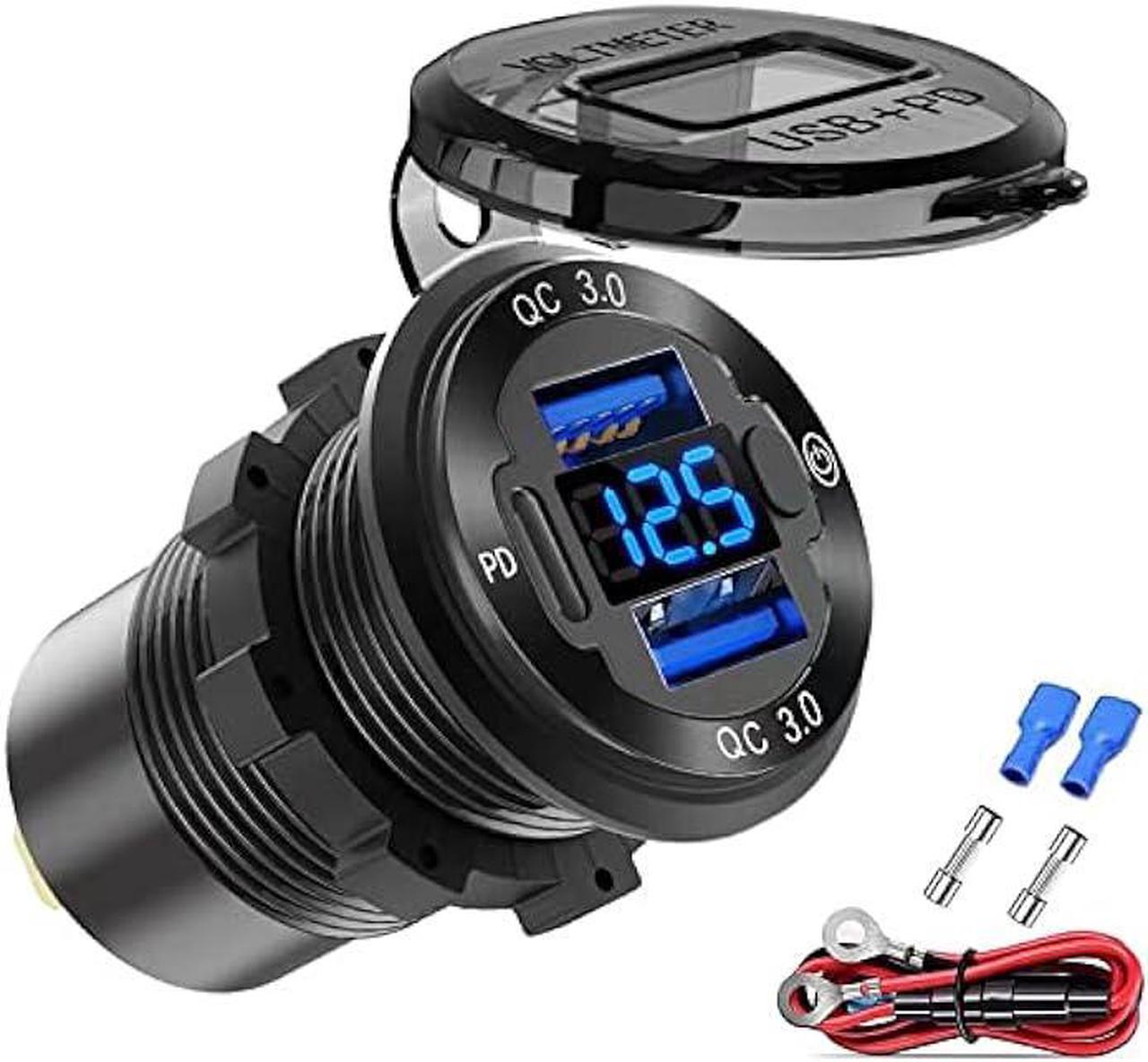 12V USB Outlet Wire Aluminum Car Charger Multi Port, Dual USB Quick Charge 3.0 Port and PD USB C Socket with Voltmeter Switch for Car Boat Marine Truck RV, Fast Charge for iPhone iPad Android Phones