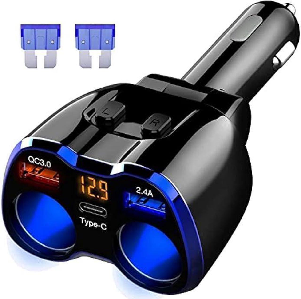 Car Charger, 150W 2-Socket Cigarette Lighter Splitter QC 3.0 Dual USB Ports 1 USB C Fast Car Adapter with Separate Switch LED Voltmeter Replaceable 15A Fuse for GPS/Dash Cam/Phone/iPad