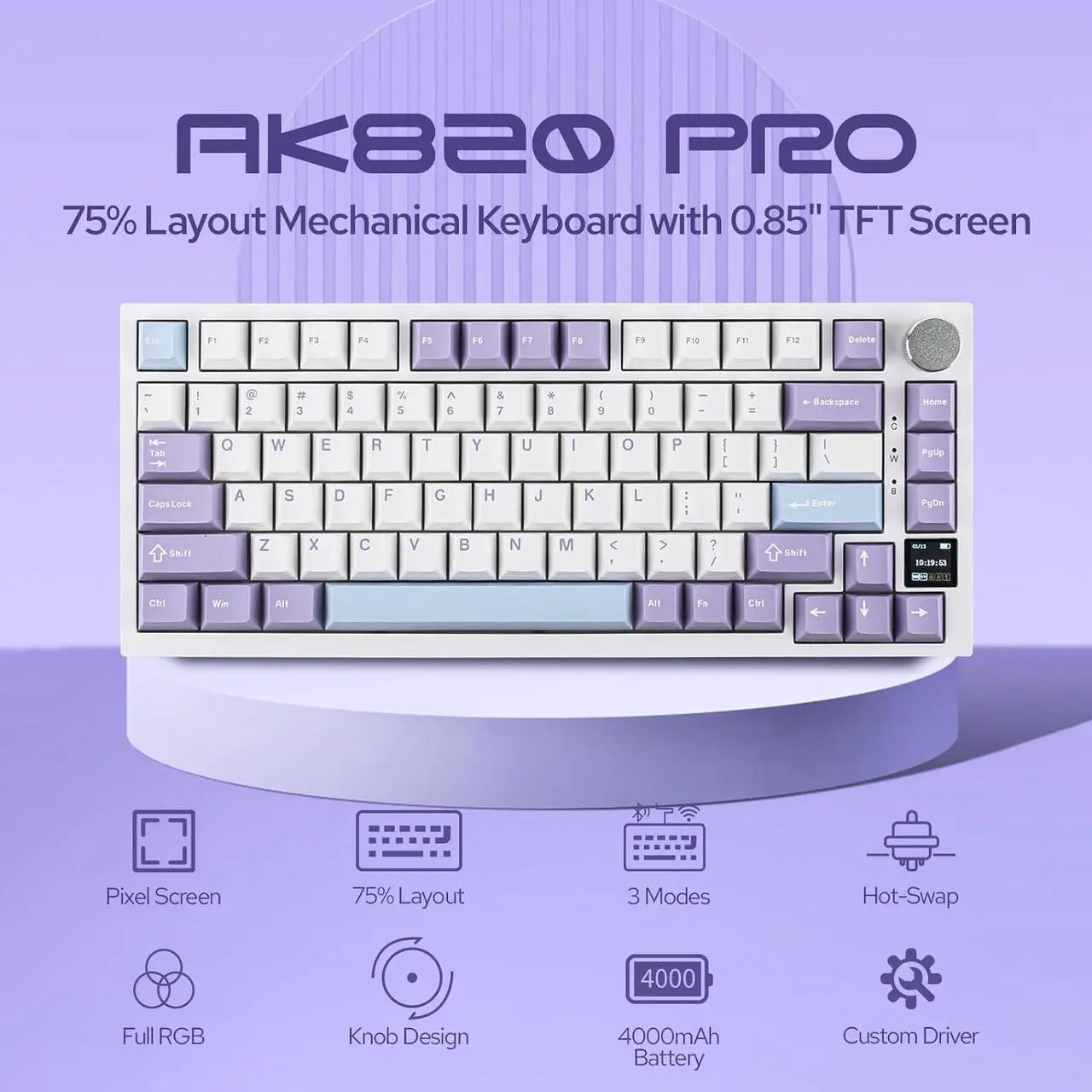 Alt view image 2 of 7 - Ajazz AK820 Pro 75% Mechanical Keyboard, Gasket-Mounted Gaming Keyboard with TFT Smart Display&Knob, Bluetooth 5.1/2.4G Wireless/Type-C Wired Custom Keyboard (Purple, Gift Switch)