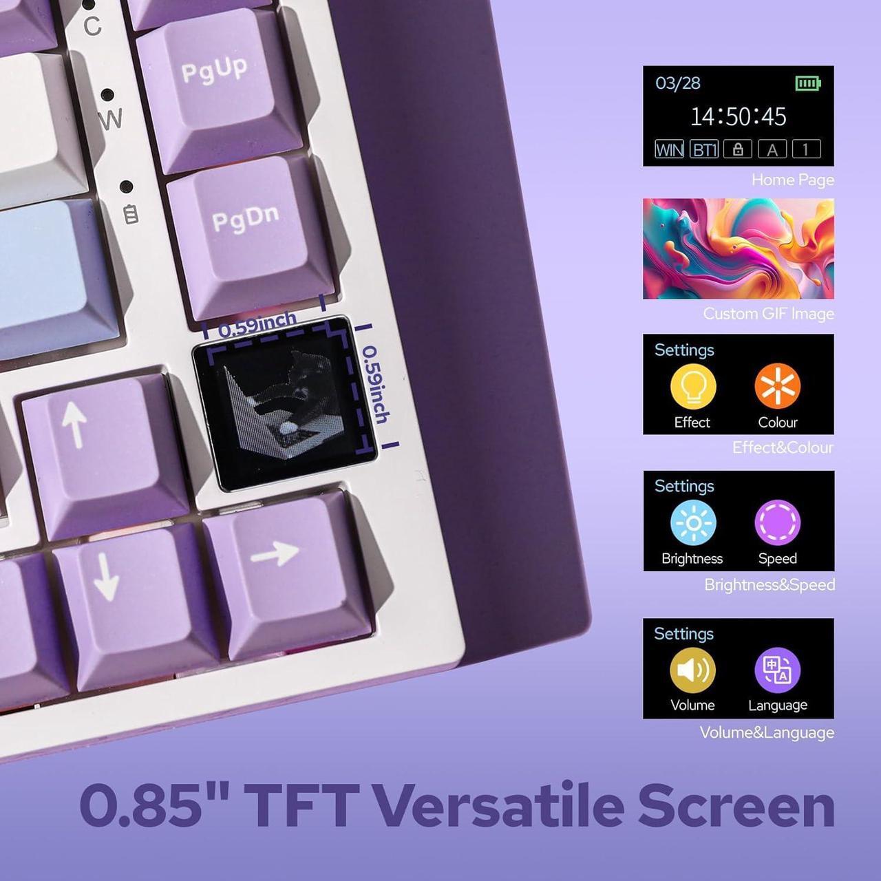 Alt view image 3 of 7 - Ajazz AK820 Pro 75% Mechanical Keyboard, Gasket-Mounted Gaming Keyboard with TFT Smart Display&Knob, Bluetooth 5.1/2.4G Wireless/Type-C Wired Custom Keyboard (Purple, Gift Switch)