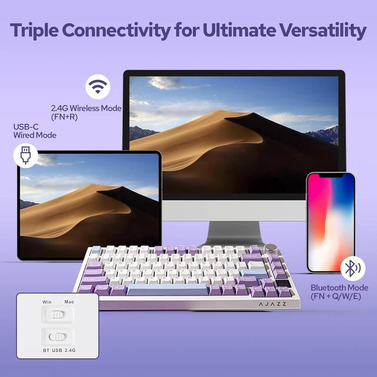Alt view image 4 of 7 - Ajazz AK820 Pro 75% Mechanical Keyboard, Gasket-Mounted Gaming Keyboard with TFT Smart Display&Knob, Bluetooth 5.1/2.4G Wireless/Type-C Wired Custom Keyboard (Purple, Gift Switch)