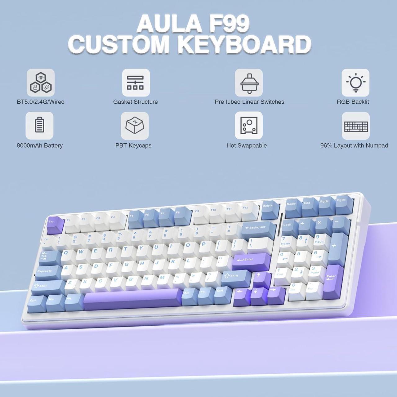 Alt view image 2 of 7 - AULA F99 Wireless Mechanical Keyboard,Tri-Mode BT5.0/2.4GHz/USB-C Hot Swappable Custom Keyboard,Pre-lubed Linear Switches,Gasket Structure,RGB Backlit Gaming Keyboard for PC/Tablet/Xbox/PS4/PS5
