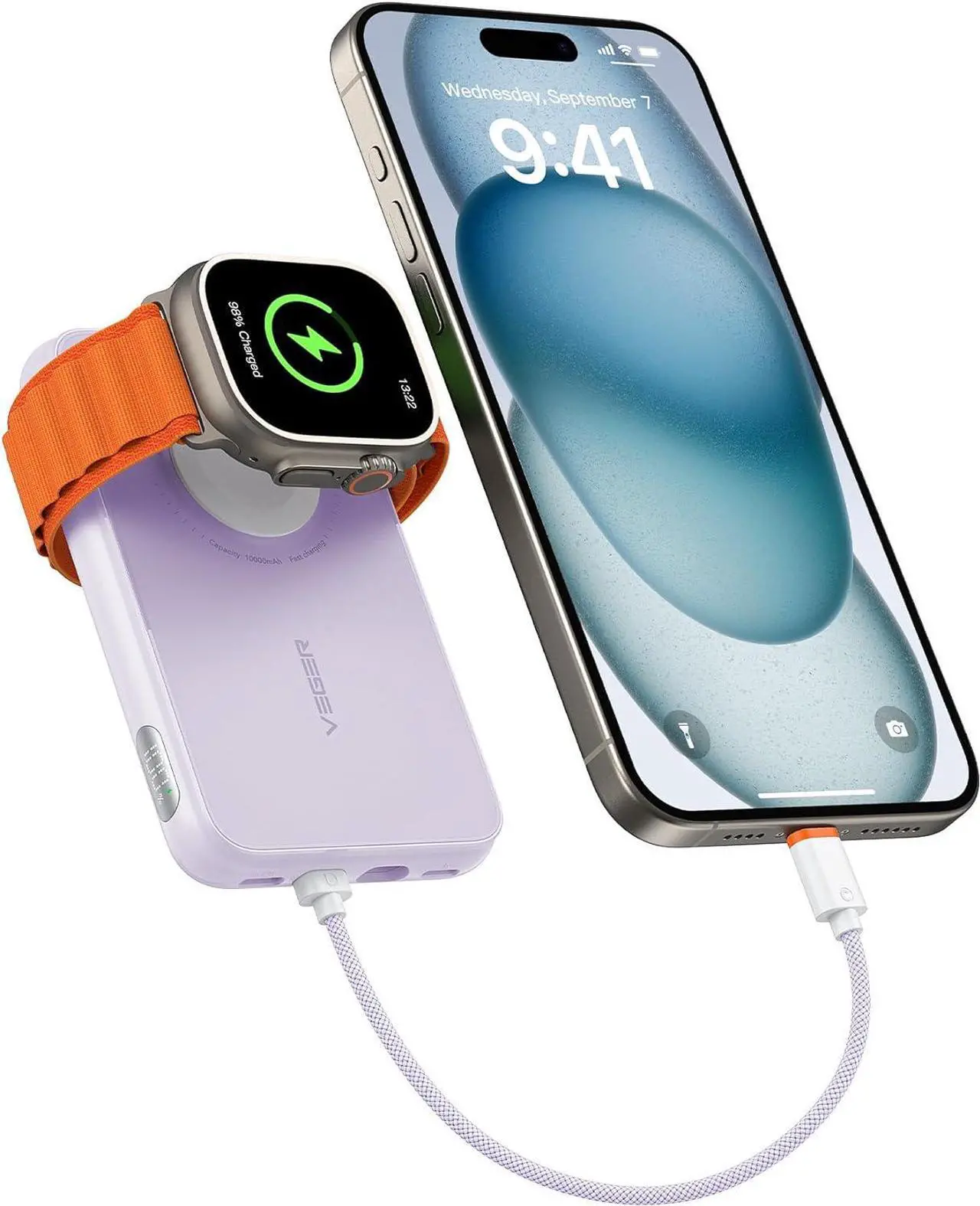 Main image of VEGER Portable Charger with Built in Cable(Removable), 10000mAh Mini Power Bank Battery Pack, PD 20W Fast Charger Travel Accessory Compatible with iPhone 15/14/13 Pro Max, Sumsang, Apple Watch-Purple