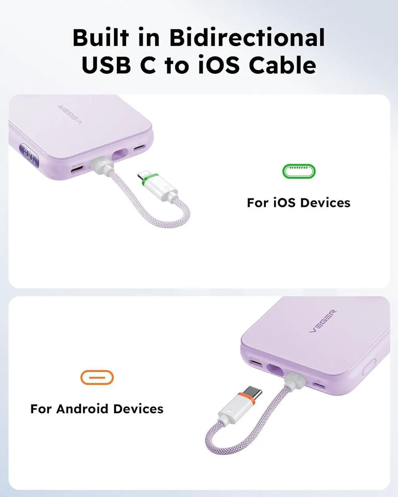 Alt view image 2 of 7 - VEGER Portable Charger with Built in Cable(Removable), 10000mAh Mini Power Bank Battery Pack, PD 20W Fast Charger Travel Accessory Compatible with iPhone 15/14/13 Pro Max, Sumsang, Apple Watch-Purple