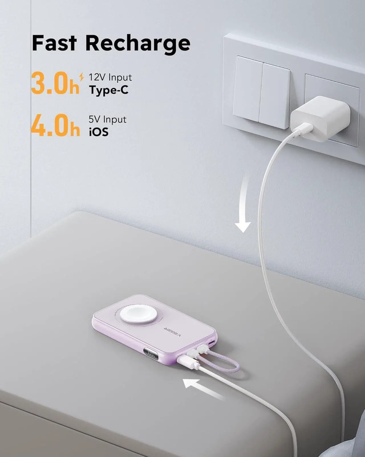 Alt view image 6 of 7 - VEGER Portable Charger with Built in Cable(Removable), 10000mAh Mini Power Bank Battery Pack, PD 20W Fast Charger Travel Accessory Compatible with iPhone 15/14/13 Pro Max, Sumsang, Apple Watch-Purple