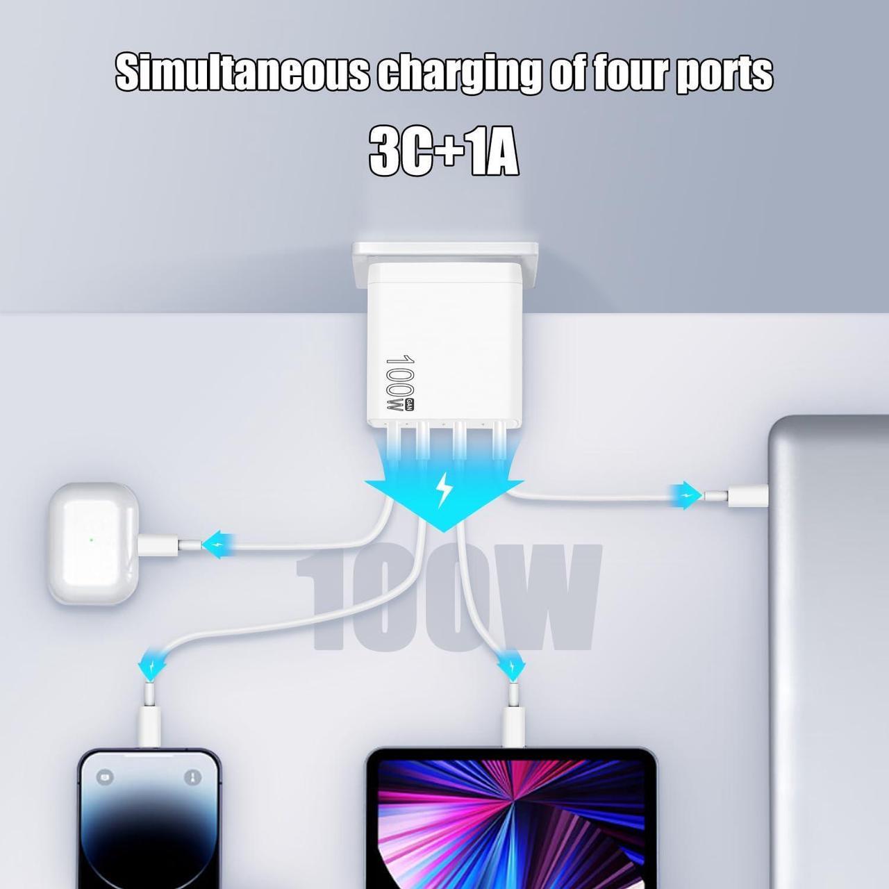 Alt view image 2 of 6 - 100W USB C Charger 4-Port PD USB Power Adapter GaN USB C Charger Fast Charging Station Compatible with Mac Book Pro/Air iPad iPhone 14 Pro Galaxy S23 Ultra Steam Deck  XPS Google Pixelbook
