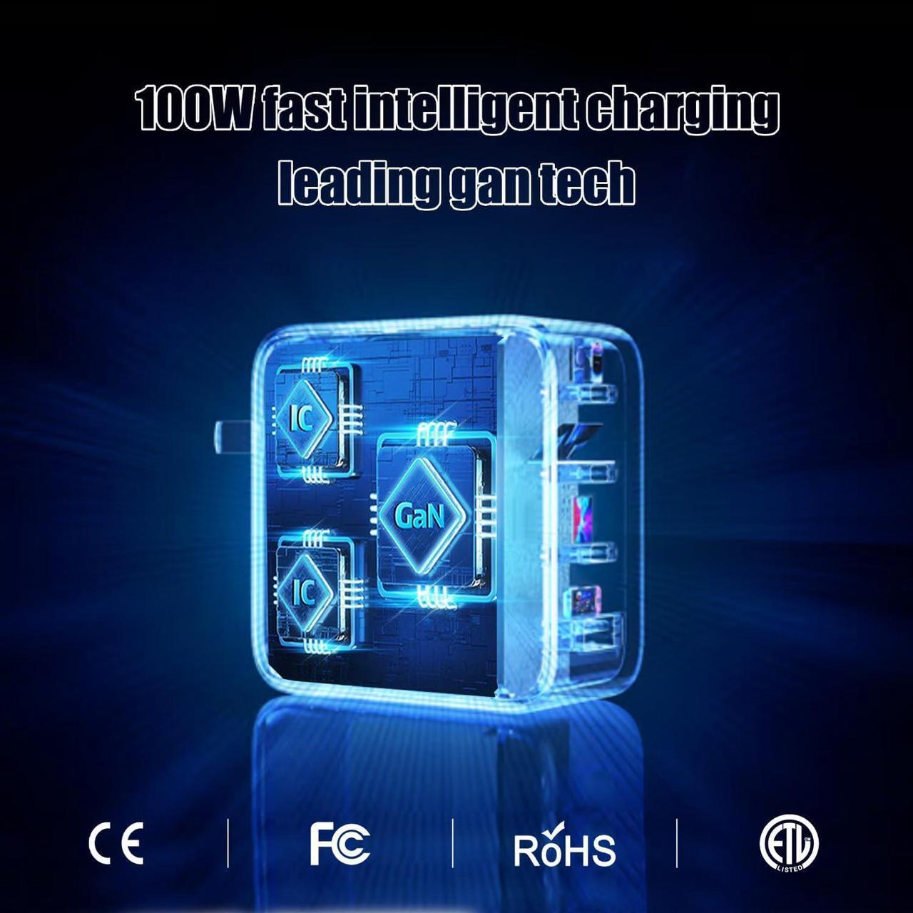 Alt view image 3 of 6 - 100W USB C Charger 4-Port PD USB Power Adapter GaN USB C Charger Fast Charging Station Compatible with Mac Book Pro/Air iPad iPhone 14 Pro Galaxy S23 Ultra Steam Deck  XPS Google Pixelbook