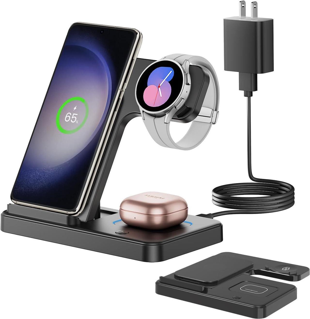 3 in 1 Wireless Charger Stand for Samsung, CIYOYO Fast Phone Charging Station for Galaxy Watch5 Pro/4/3/Active2/1, S24 Ultra/S24 Plus/S23/S22/S21/S20/Note 20, Z Fold/Flip Series, Android, Buds2 Pro