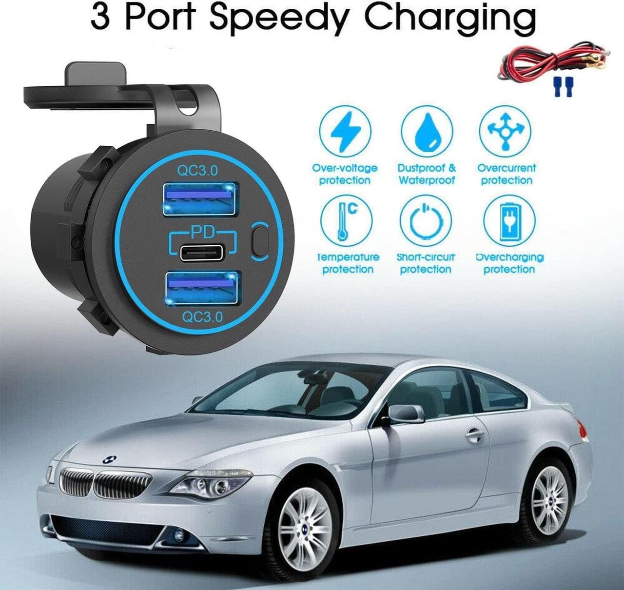 Alt view image 2 of 7 - 12v usb charger, PD 20W USB-C Power Socket and 18W QC3.0 Socket Waterproof Power Outlet 12V/24V with Power Switch 12V USB C Outlet for Car Golf Cart Boat Marine Bus Truck RV Marine Motorcycle etc.
