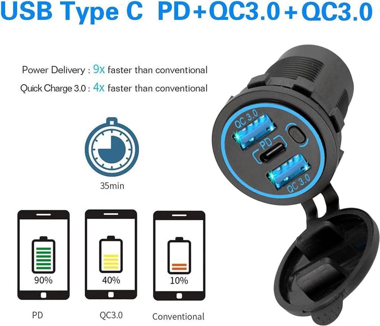 Alt view image 3 of 7 - 12v usb charger, PD 20W USB-C Power Socket and 18W QC3.0 Socket Waterproof Power Outlet 12V/24V with Power Switch 12V USB C Outlet for Car Golf Cart Boat Marine Bus Truck RV Marine Motorcycle etc.