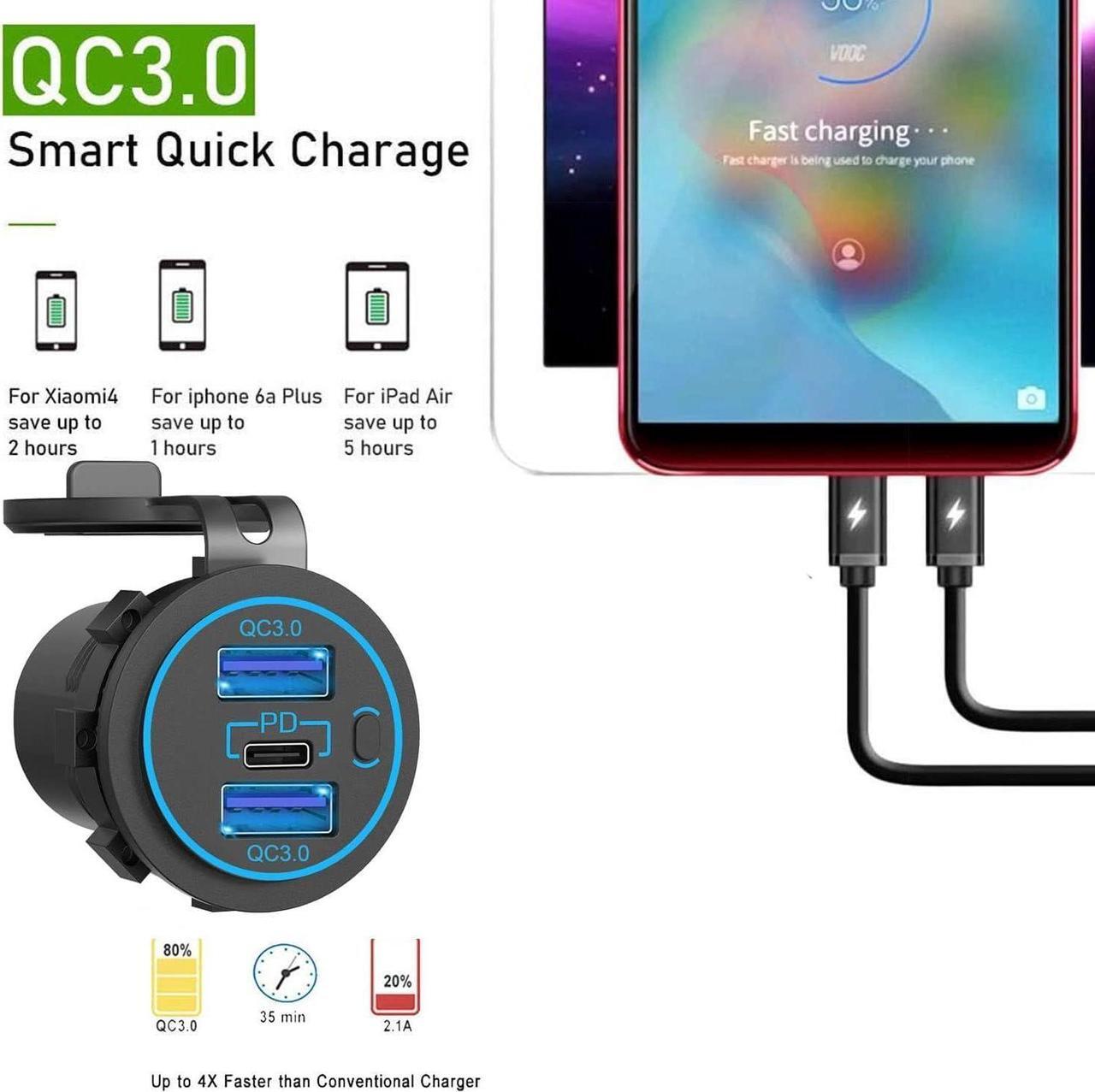 Alt view image 4 of 7 - 12v usb charger, PD 20W USB-C Power Socket and 18W QC3.0 Socket Waterproof Power Outlet 12V/24V with Power Switch 12V USB C Outlet for Car Golf Cart Boat Marine Bus Truck RV Marine Motorcycle etc.