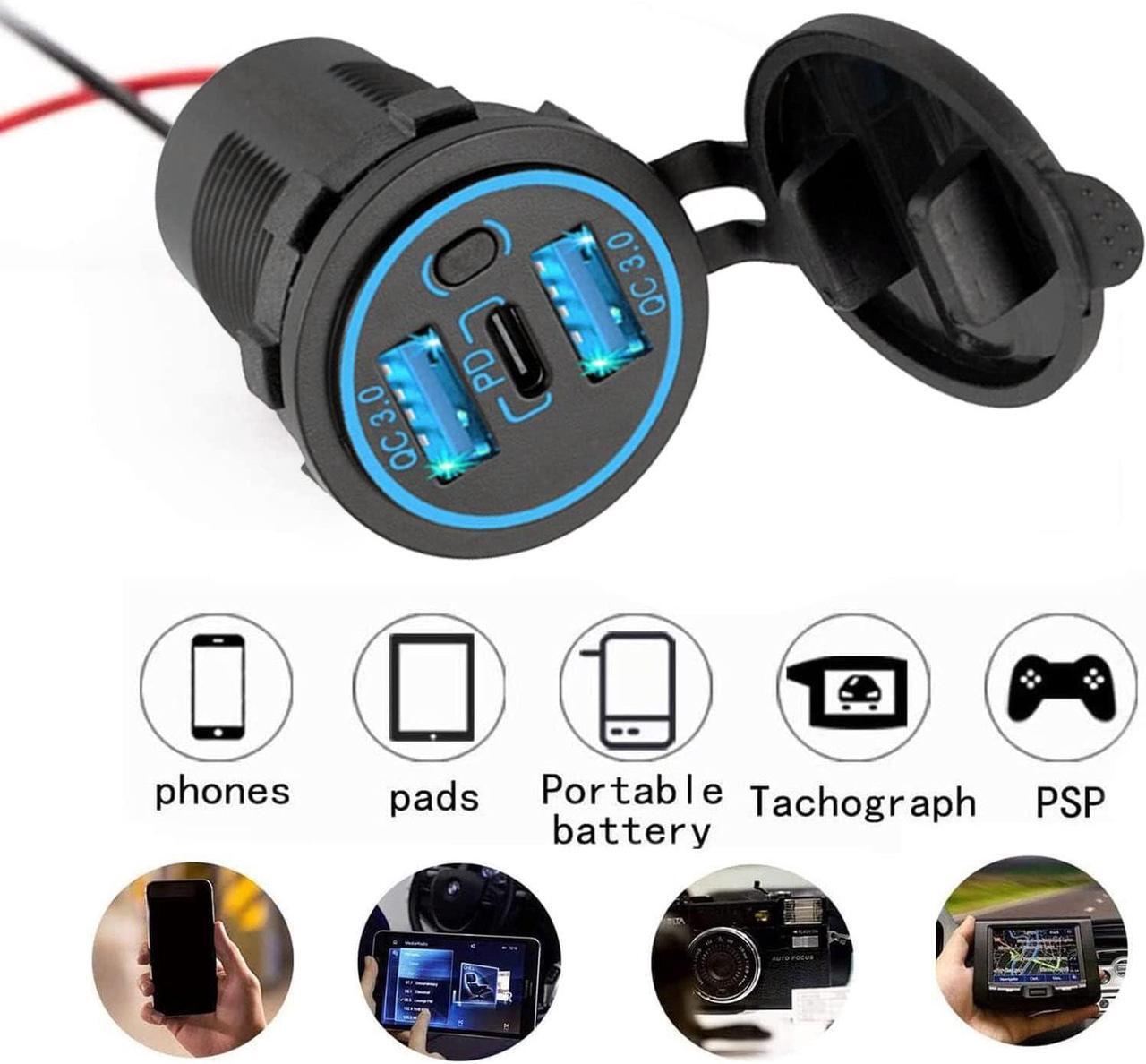 Alt view image 6 of 7 - 12v usb charger, PD 20W USB-C Power Socket and 18W QC3.0 Socket Waterproof Power Outlet 12V/24V with Power Switch 12V USB C Outlet for Car Golf Cart Boat Marine Bus Truck RV Marine Motorcycle etc.