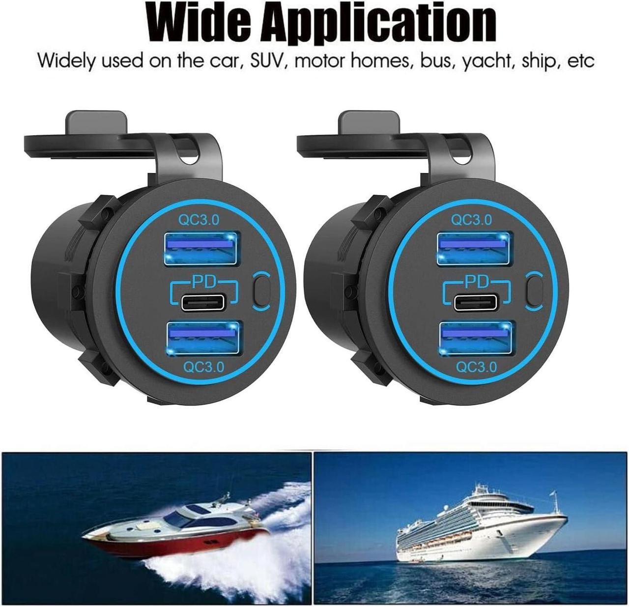 Alt view image 7 of 7 - 12v usb charger, PD 20W USB-C Power Socket and 18W QC3.0 Socket Waterproof Power Outlet 12V/24V with Power Switch 12V USB C Outlet for Car Golf Cart Boat Marine Bus Truck RV Marine Motorcycle etc.