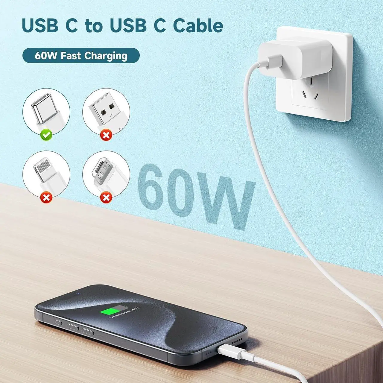 Alt view image 2 of 7 - 60W USB C to USB C Cable [3Pack] iPhone 15 Fast Charging Cable,6ft Long USB-C to USBC Power Cord for iPhone 16/15 Pro Plus Pro Max, MacBook Pro Air/IPad/iPad Pro 12.9/11,AirPods 4(White)