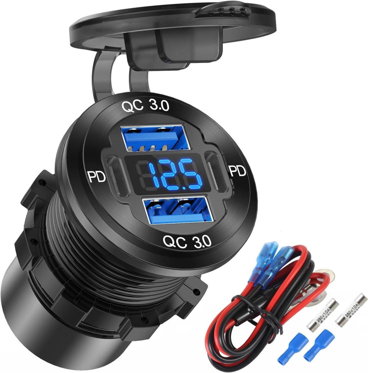 Main image of Upgraded 4 Port 12V USB Outlet Aluminum Charger, 78W Dual PD & QC Multiple USB Port for Car, USB C Cigarette Lighter Replacement 12 Volt Socket with Voltmeter Waterproof for Marine Boat Motorcycle RV