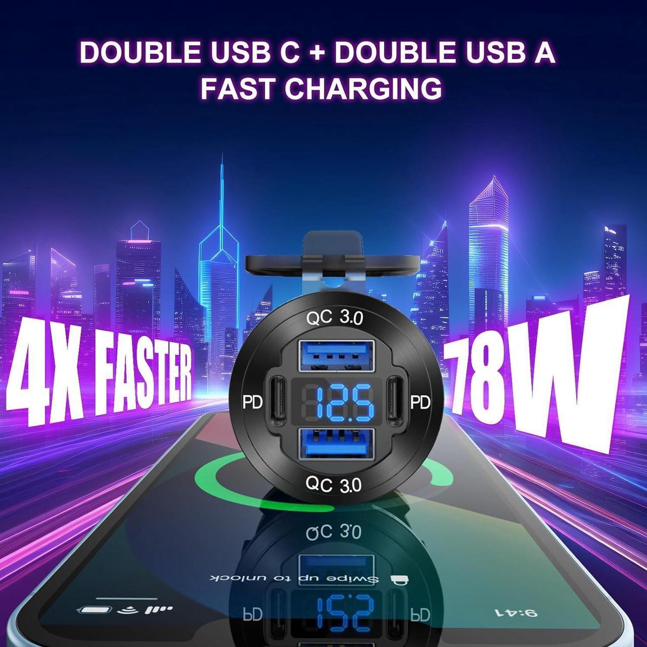 Alt view image 2 of 7 - Upgraded 4 Port 12V USB Outlet Aluminum Charger, 78W Dual PD & QC Multiple USB Port for Car, USB C Cigarette Lighter Replacement 12 Volt Socket with Voltmeter Waterproof for Marine Boat Motorcycle RV
