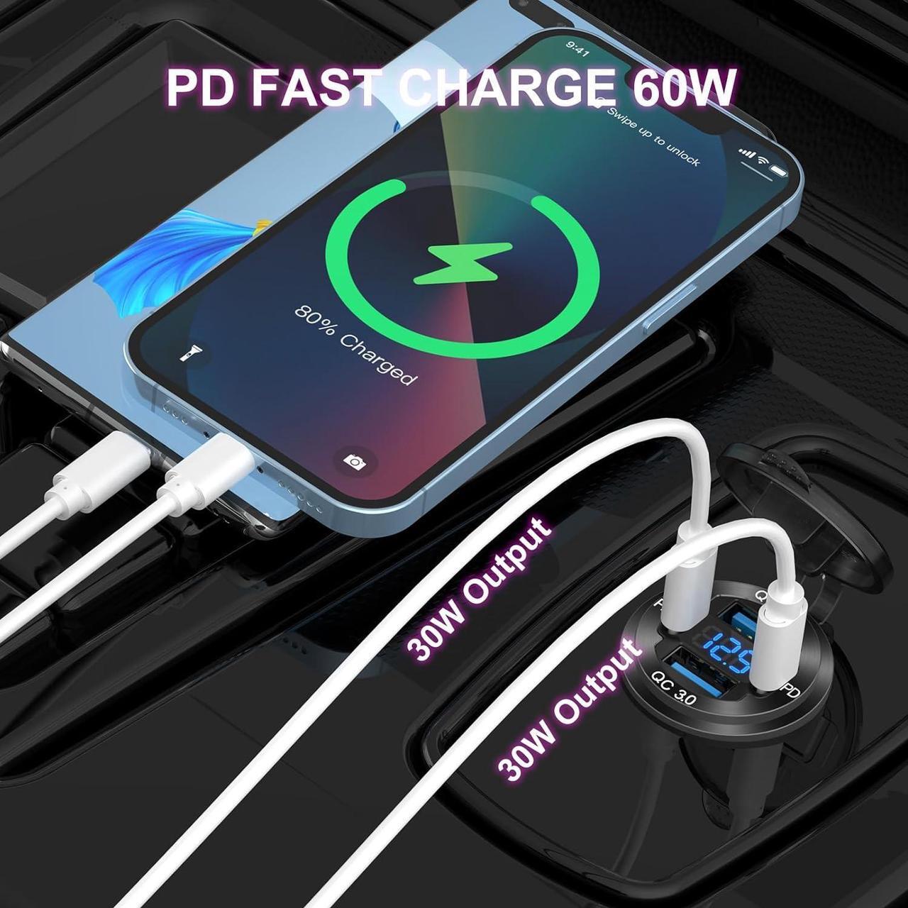 Alt view image 4 of 7 - Upgraded 4 Port 12V USB Outlet Aluminum Charger, 78W Dual PD & QC Multiple USB Port for Car, USB C Cigarette Lighter Replacement 12 Volt Socket with Voltmeter Waterproof for Marine Boat Motorcycle RV