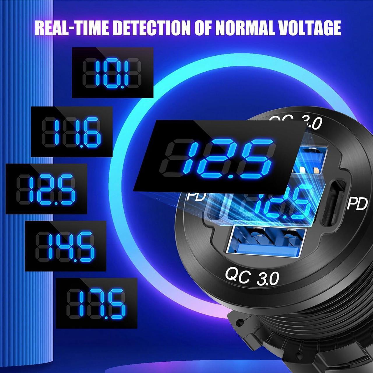 Alt view image 5 of 7 - Upgraded 4 Port 12V USB Outlet Aluminum Charger, 78W Dual PD & QC Multiple USB Port for Car, USB C Cigarette Lighter Replacement 12 Volt Socket with Voltmeter Waterproof for Marine Boat Motorcycle RV