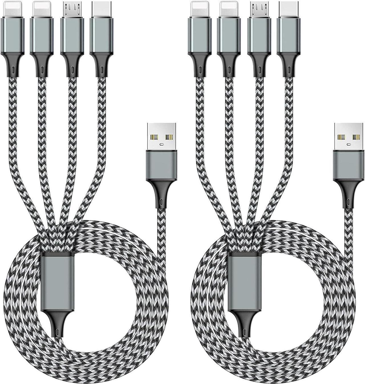 Puxnoin Multi Charging Cable 6FT 2Pack Multi Charger Cable 4 in 1 Universal Multiple USB Cable Fast Charging Cord with Type-C, Micro USB Port for Most Cell Phone, Tablets