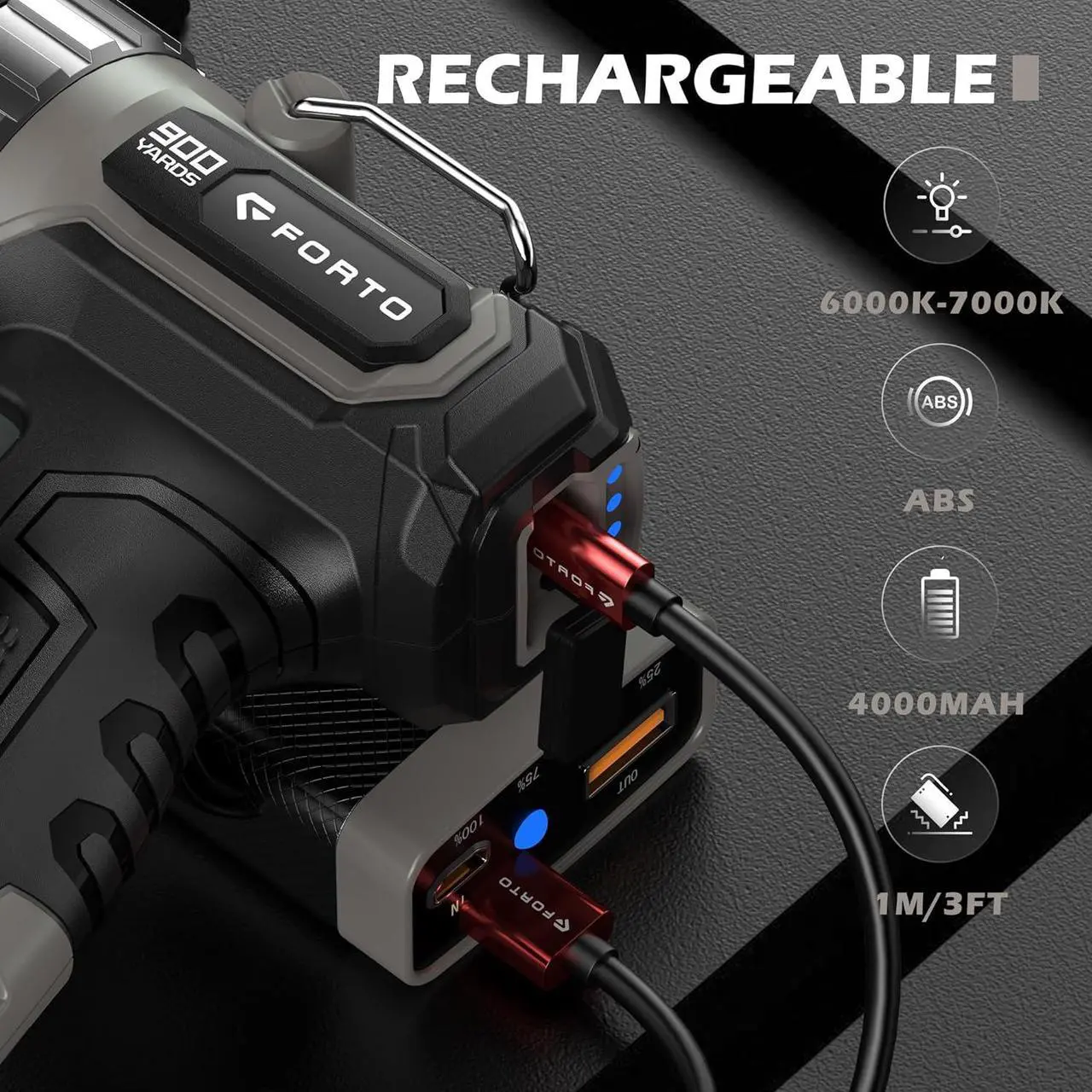 Alt view image 5 of 7 - FORTO Compact Rechargeable Spotlight with Adjustable Focus, Handheld Spotlight with Stand, 823m Range, 3 Light Modes and LED Spot Lights Outdoor for Boating Hunting Camping Hiking1400 Lumens
