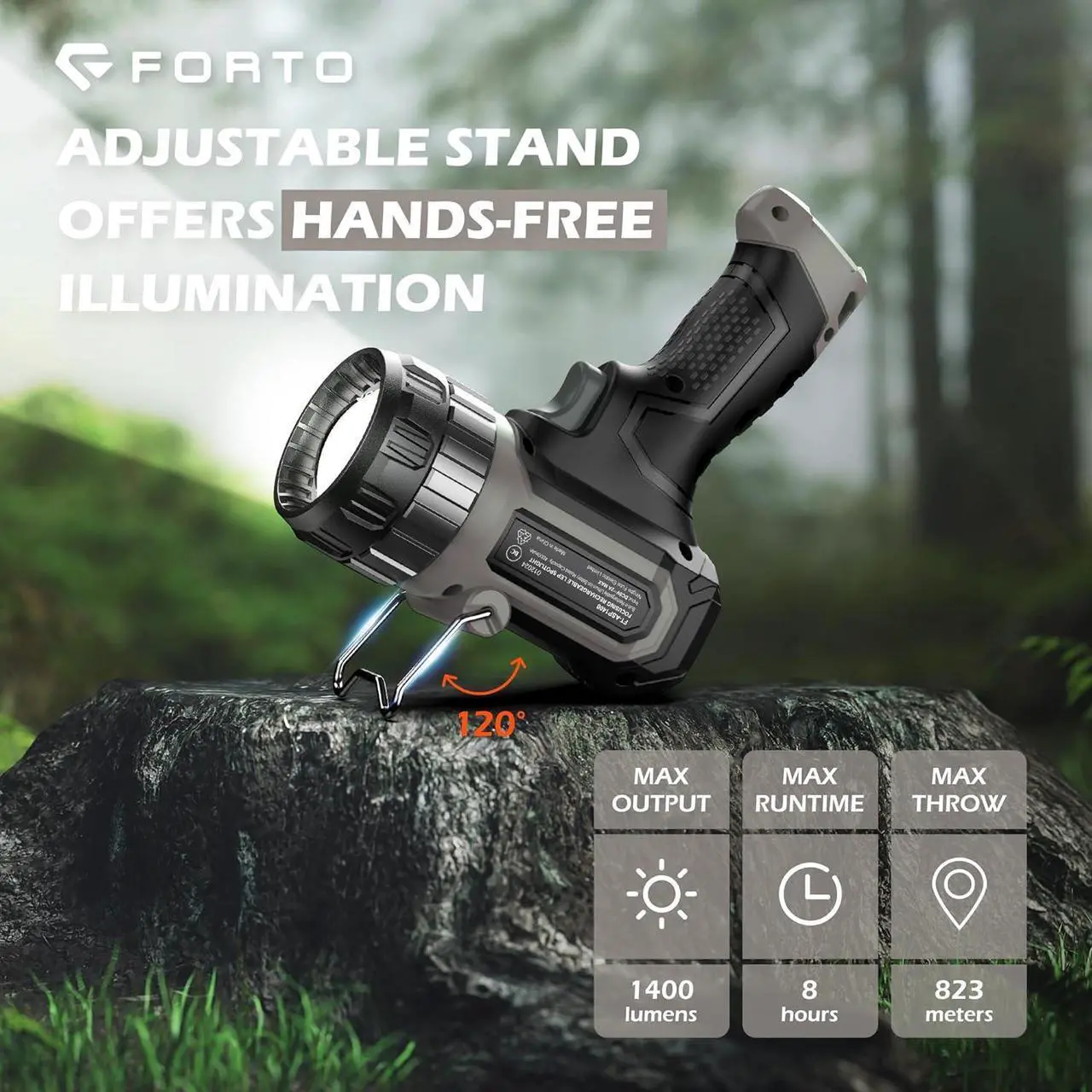 Alt view image 6 of 7 - FORTO Compact Rechargeable Spotlight with Adjustable Focus, Handheld Spotlight with Stand, 823m Range, 3 Light Modes and LED Spot Lights Outdoor for Boating Hunting Camping Hiking1400 Lumens