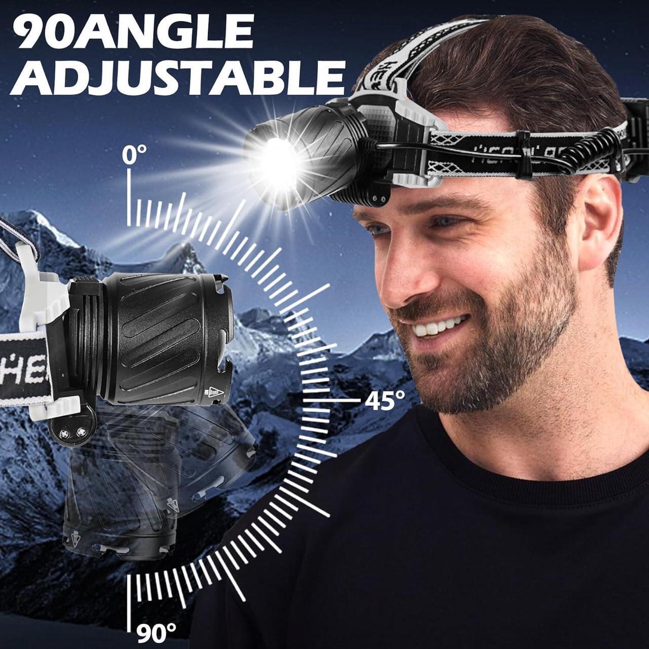 Alt view image 4 of 6 - Rechargeable Headlamp 1500LM Super Bright, LED Headlamp 80H Runtime, 4 Modes & Zoomable IPX6 Waterproof, Red Light Headlamp for Camping, Fishing, Running