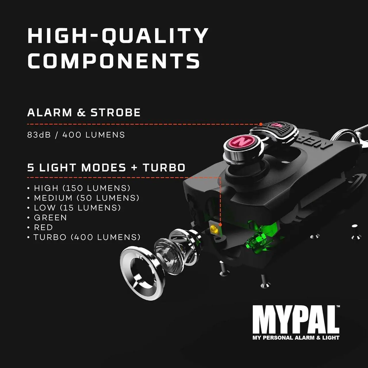 Alt view image 4 of 4 - NEBO MYPAL Rechargeable Keychain Light and Safety Alarm | Compact 400 Lumen Light with 115db Safety Alarm | Black