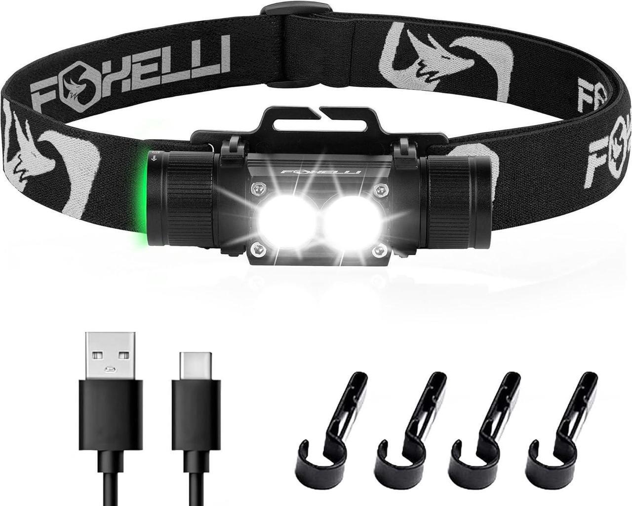 Main image of Foxelli Ultra Bright Rechargeable Headlamp  18650 Battery, IPX7 Waterproof, 1200 Lumen LED Light for Work & Outdoors, with Battery & Hooks - Perfect for Hard Hat or Helmet