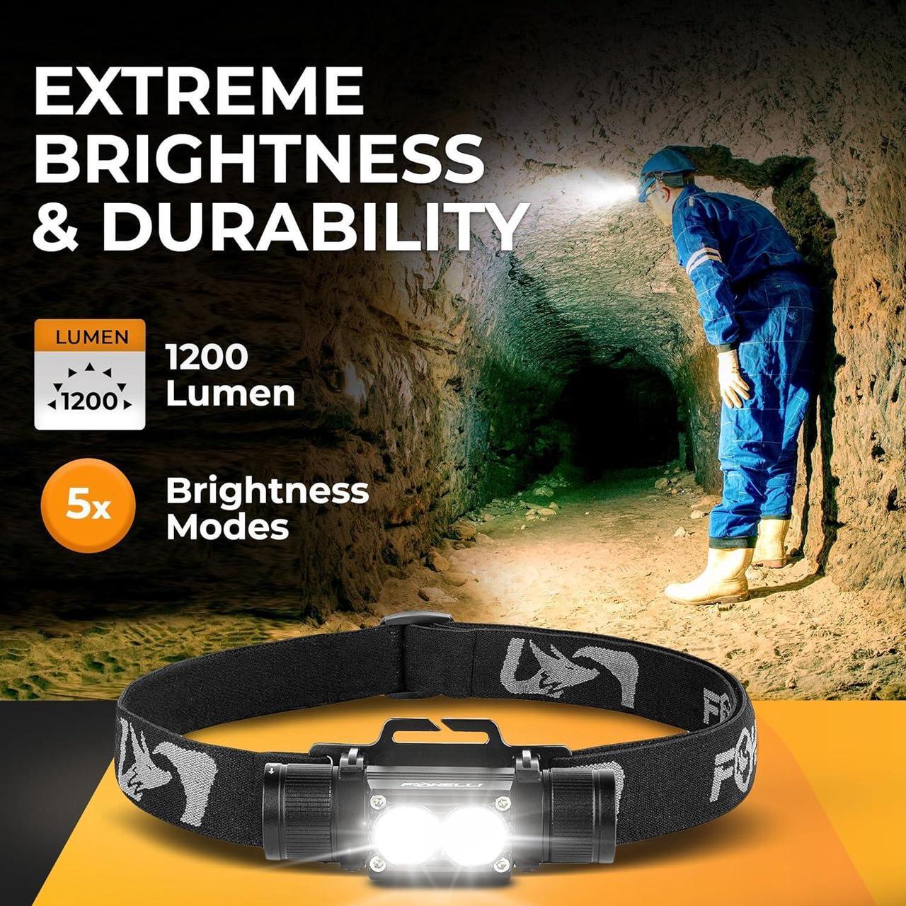 Alt view image 2 of 7 - Foxelli Ultra Bright Rechargeable Headlamp  18650 Battery, IPX7 Waterproof, 1200 Lumen LED Light for Work & Outdoors, with Battery & Hooks - Perfect for Hard Hat or Helmet