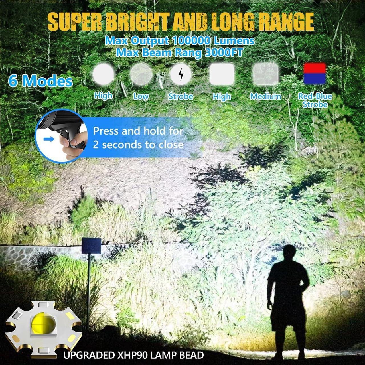 Alt view image 2 of 7 - 100000 Lumen Spotlight, Led Rechargeable Spotlight Flashlight with Tripod, 6 Modes and 3 Colors Filter, Super Bright Solar Spot Lights Outdoor Handheld for Hunting, Boating, Camping