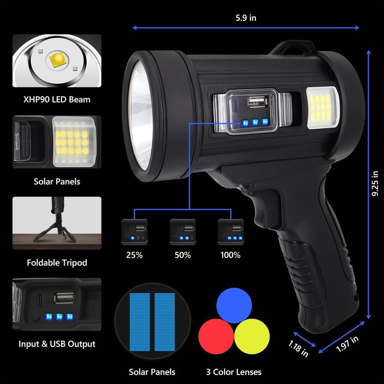 Alt view image 3 of 7 - 100000 Lumen Spotlight, Led Rechargeable Spotlight Flashlight with Tripod, 6 Modes and 3 Colors Filter, Super Bright Solar Spot Lights Outdoor Handheld for Hunting, Boating, Camping