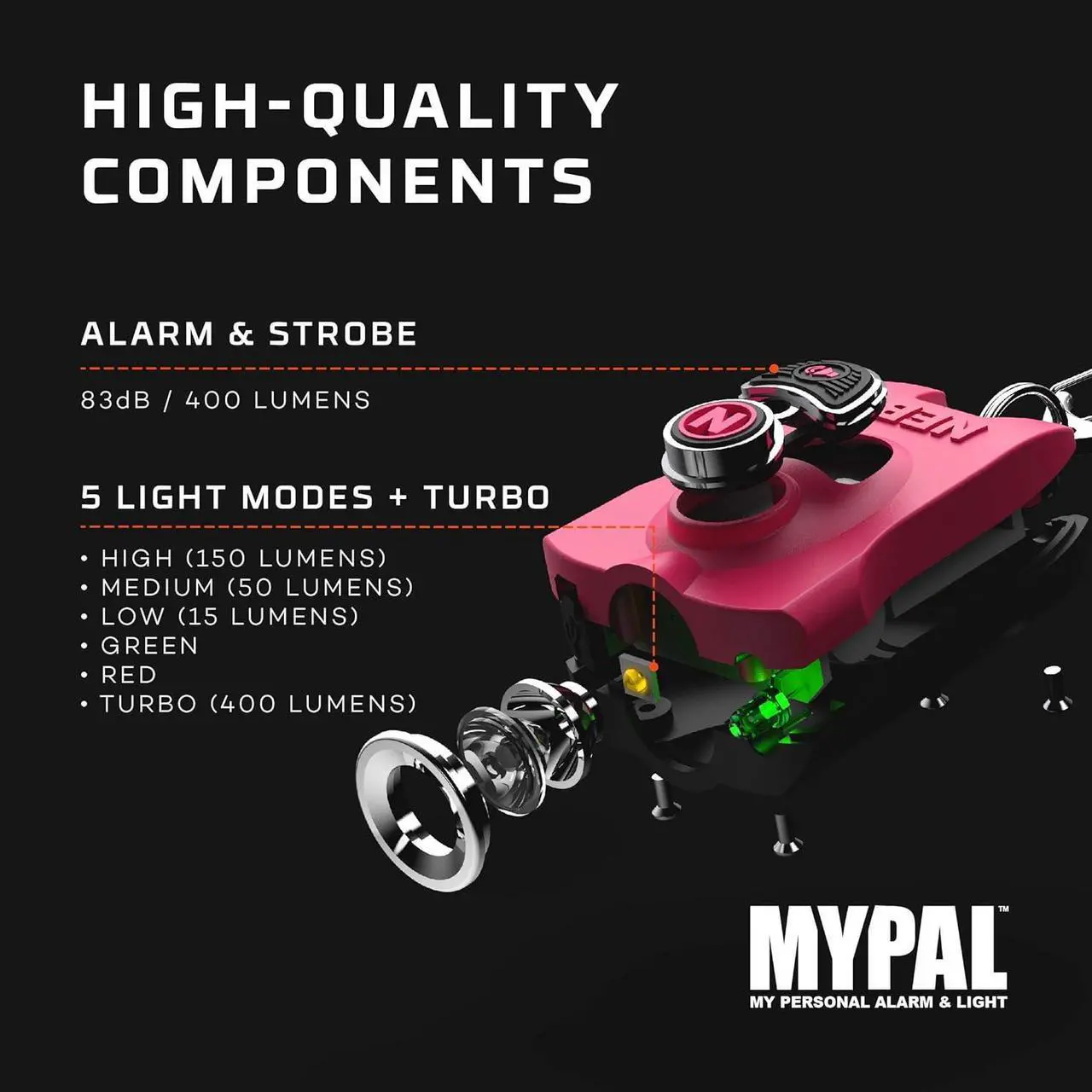 Alt view image 4 of 4 - NEBO MYPAL Rechargeable Keychain Light and Safety Alarm | Compact 400 Lumen Light with 115db Safety Alarm | Pink