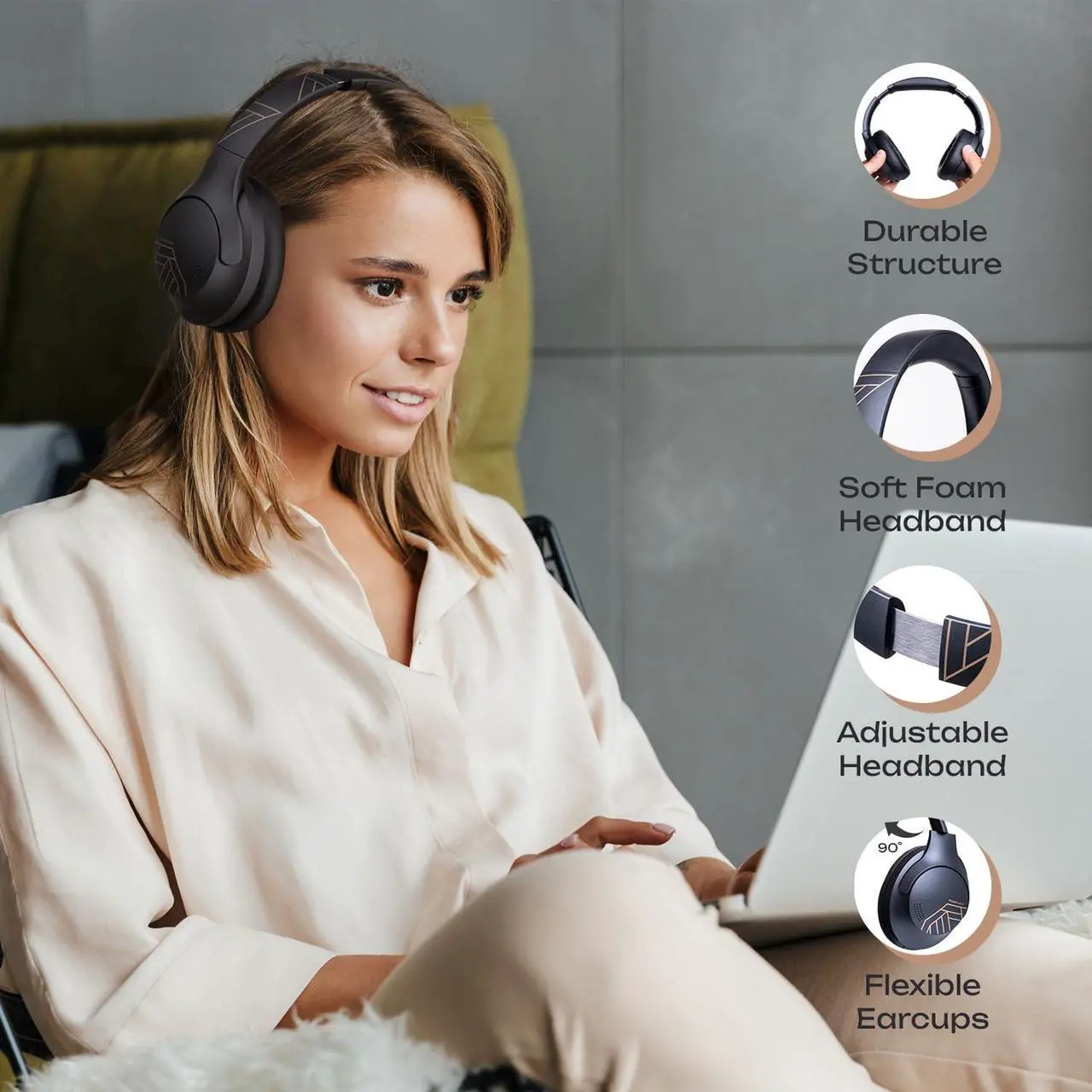 Alt view image 3 of 7 - PowerLocus Bluetooth Headphones Over Ear, 50H Playtime with 4 EQ Modes Wireless Headphones with Microphone, HiFi Stereo Deep Bass, Soft Ear Cups, Foldable Lightweight Headset for Travel/Office/Workout