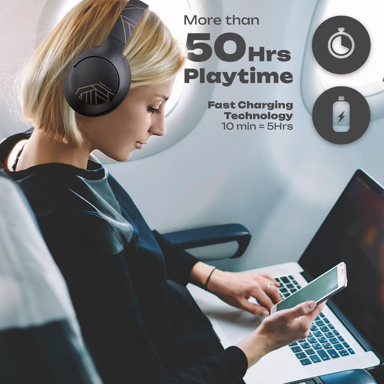 Alt view image 4 of 7 - PowerLocus Bluetooth Headphones Over Ear, 50H Playtime with 4 EQ Modes Wireless Headphones with Microphone, HiFi Stereo Deep Bass, Soft Ear Cups, Foldable Lightweight Headset for Travel/Office/Workout