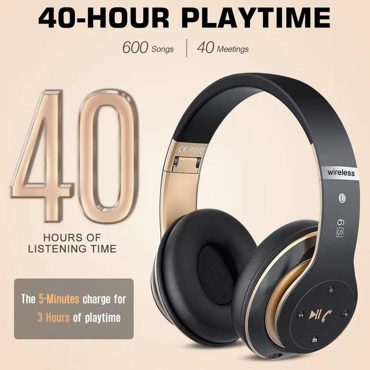 Alt view image 4 of 7 - 6S Wireless Bluetooth Headphones Over Ear, Hi-Fi Stereo Foldable Wireless Stereo Headsets Earbuds with Built-in Mic, Volume Control, FM for Phone/PC (Black & Gold)