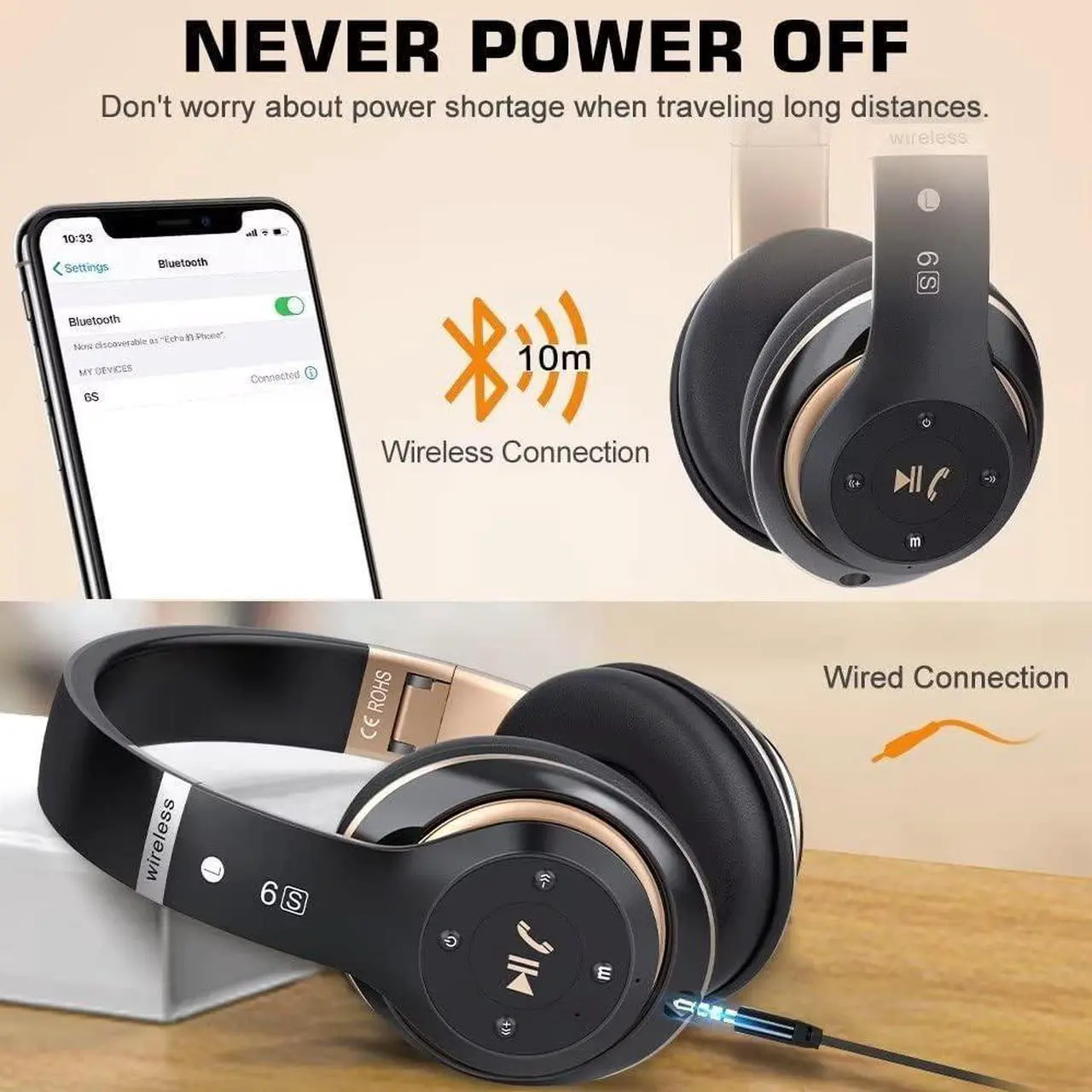 Alt view image 3 of 7 - 6S Wireless Bluetooth Headphones Over Ear, Hi-Fi Stereo Foldable Wireless Stereo Headsets Earbuds with Built-in Mic, Volume Control, FM for Phone/PC (Black & Gold)