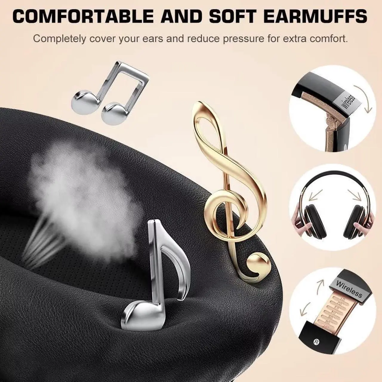 Alt view image 5 of 7 - 6S Wireless Bluetooth Headphones Over Ear, Hi-Fi Stereo Foldable Wireless Stereo Headsets Earbuds with Built-in Mic, Volume Control, FM for Phone/PC (Black & Gold)