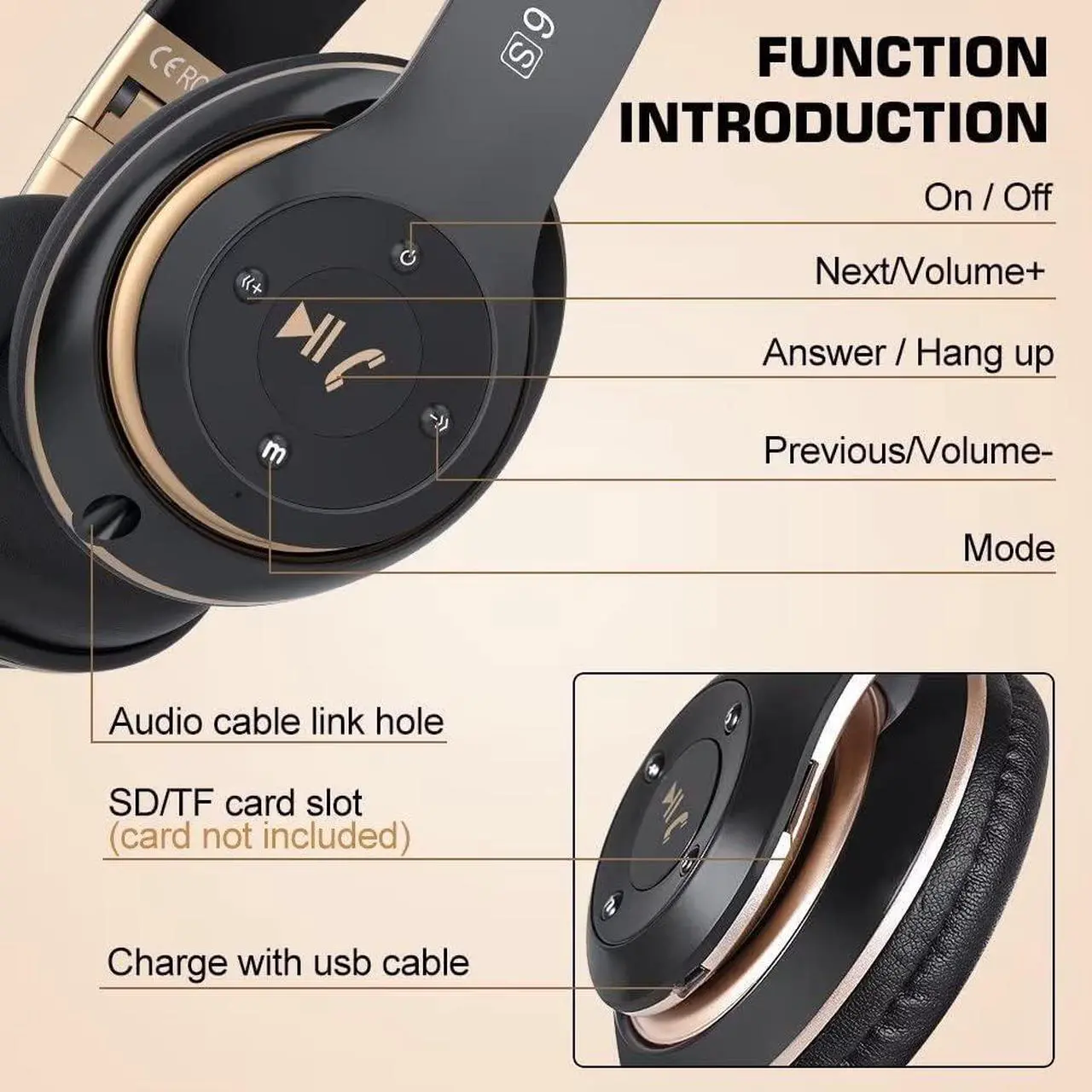 Alt view image 6 of 7 - 6S Wireless Bluetooth Headphones Over Ear, Hi-Fi Stereo Foldable Wireless Stereo Headsets Earbuds with Built-in Mic, Volume Control, FM for Phone/PC (Black & Gold)