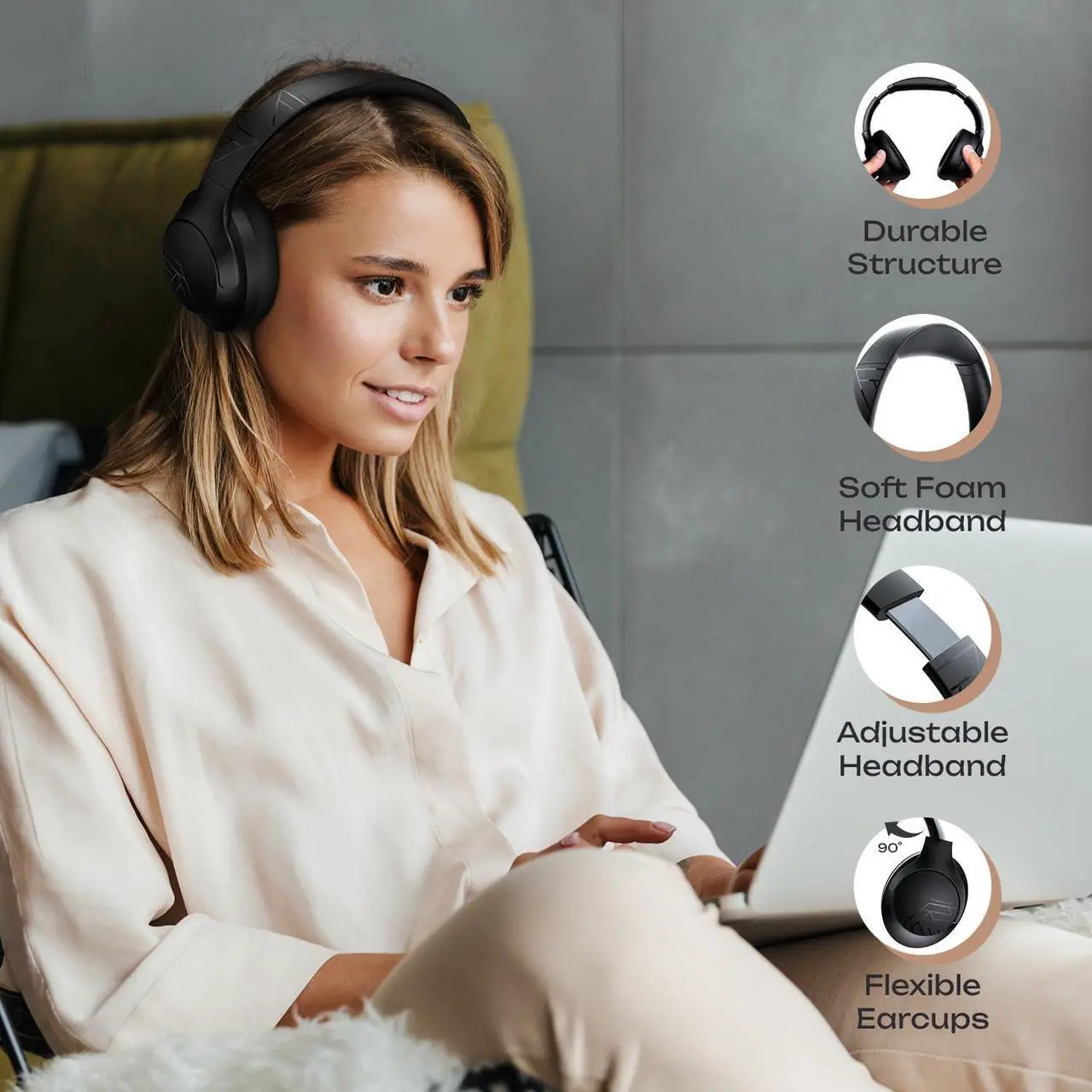 Alt view image 3 of 7 - PowerLocus Bluetooth Headphones Over Ear, 50H Playtime with 4 EQ Modes Wireless Headphones with Microphone, HiFi Stereo Deep Bass, Soft Ear Cups, Foldable Lightweight Headset for Travel/Office/Workout