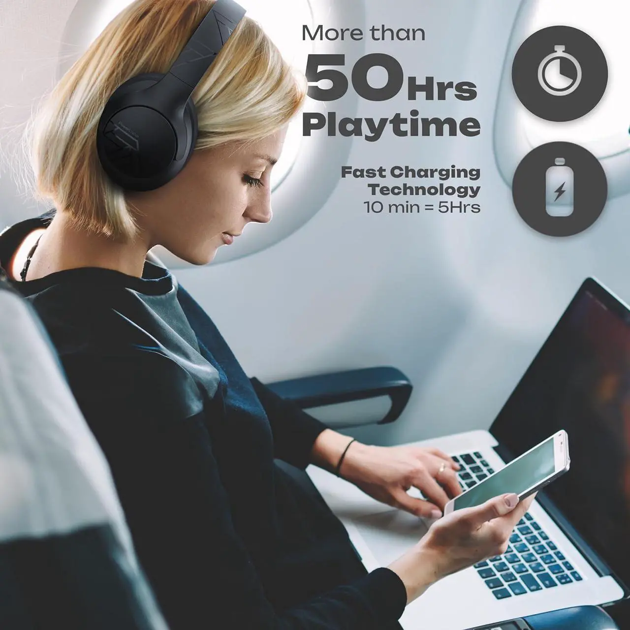 Alt view image 4 of 7 - PowerLocus Bluetooth Headphones Over Ear, 50H Playtime with 4 EQ Modes Wireless Headphones with Microphone, HiFi Stereo Deep Bass, Soft Ear Cups, Foldable Lightweight Headset for Travel/Office/Workout