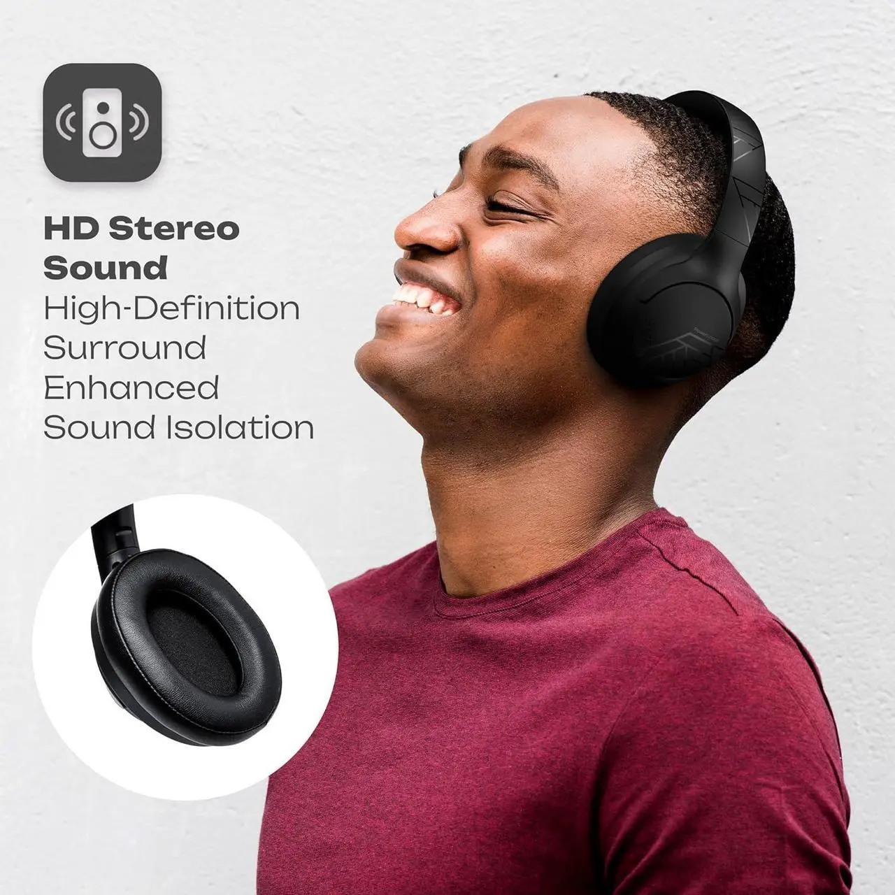 Alt view image 6 of 7 - PowerLocus Bluetooth Headphones Over Ear, 50H Playtime with 4 EQ Modes Wireless Headphones with Microphone, HiFi Stereo Deep Bass, Soft Ear Cups, Foldable Lightweight Headset for Travel/Office/Workout