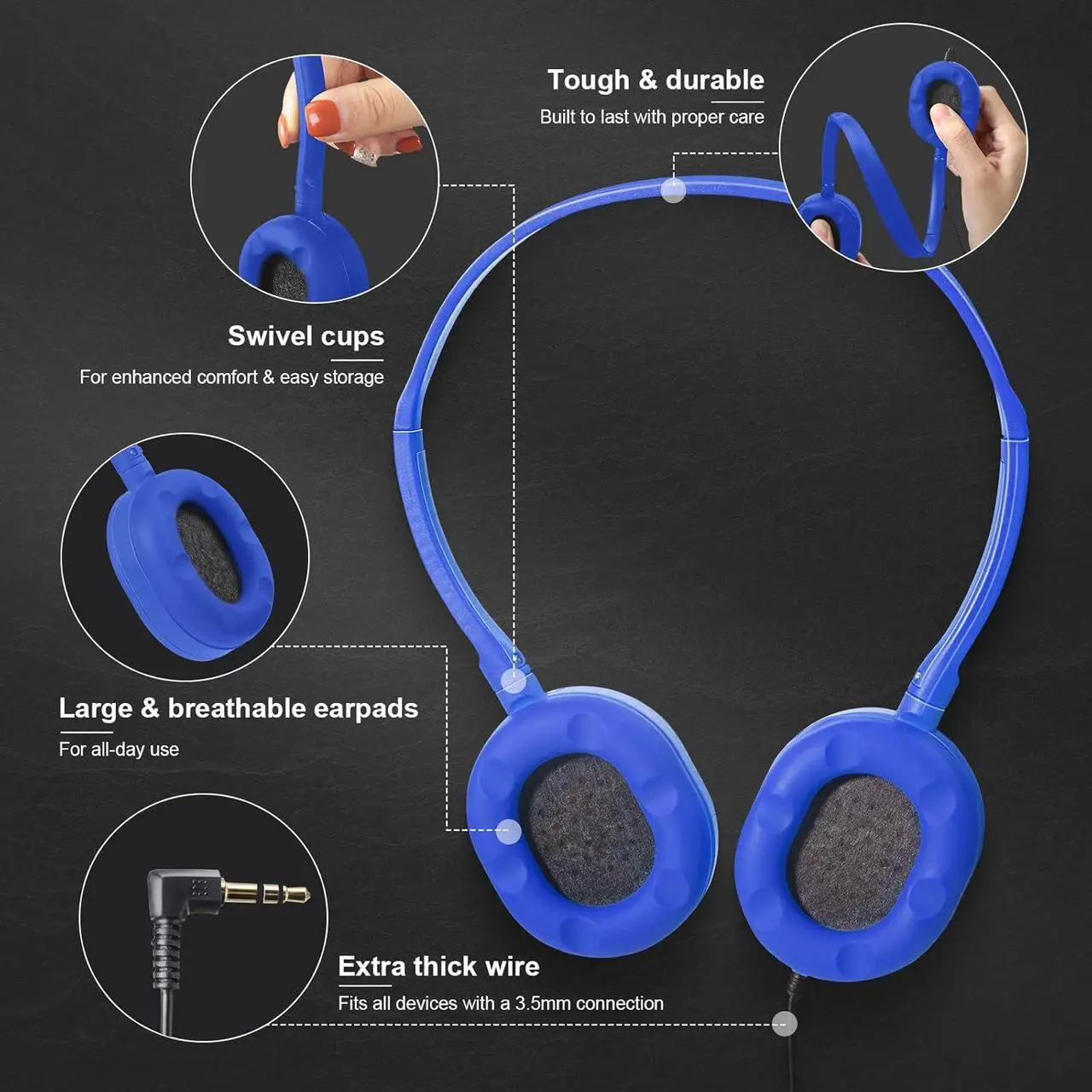 Alt view image 4 of 7 - Flutesan 30 Pack Wired Headphones, Adjustable On Ear Headphones, Kids Headphones with Stereo, Children Headphones Earbuds for Kids, Boys, Girls, Schools, Laptop, Travel, Plane, Tablet (Blue)