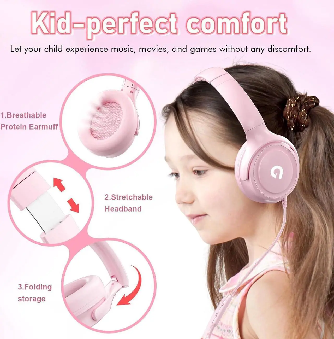 Alt view image 3 of 7 - Kids Headphones with Cord-3.5mm Jack 85/94dB Safe Volume Control Built-in Microphone On-Ear Headphones for Kids/Teens/Girls/School/Travel/3.5mm Devices(Pink)