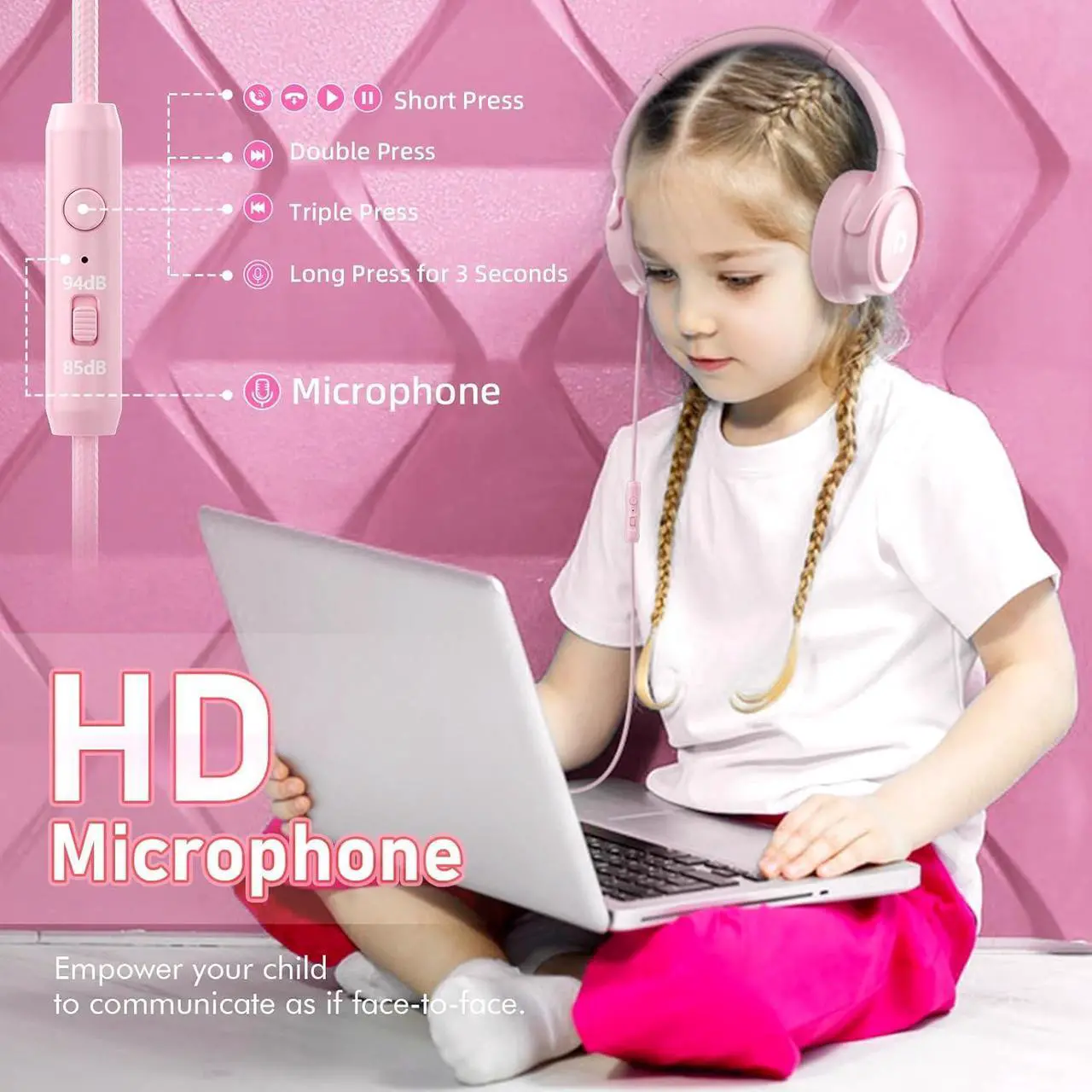 Alt view image 5 of 7 - Kids Headphones with Cord-3.5mm Jack 85/94dB Safe Volume Control Built-in Microphone On-Ear Headphones for Kids/Teens/Girls/School/Travel/3.5mm Devices(Pink)