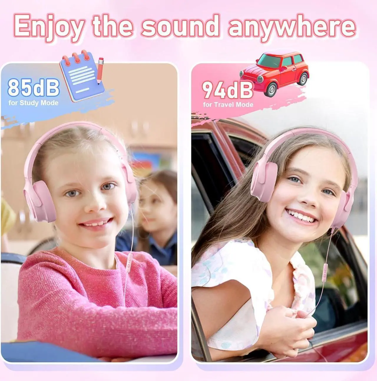 Alt view image 6 of 7 - Kids Headphones with Cord-3.5mm Jack 85/94dB Safe Volume Control Built-in Microphone On-Ear Headphones for Kids/Teens/Girls/School/Travel/3.5mm Devices(Pink)
