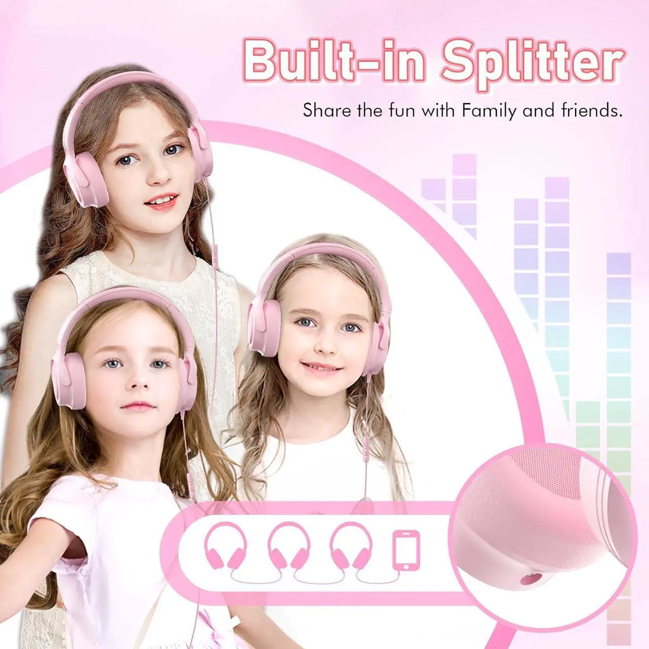 Alt view image 7 of 7 - Kids Headphones with Cord-3.5mm Jack 85/94dB Safe Volume Control Built-in Microphone On-Ear Headphones for Kids/Teens/Girls/School/Travel/3.5mm Devices(Pink)