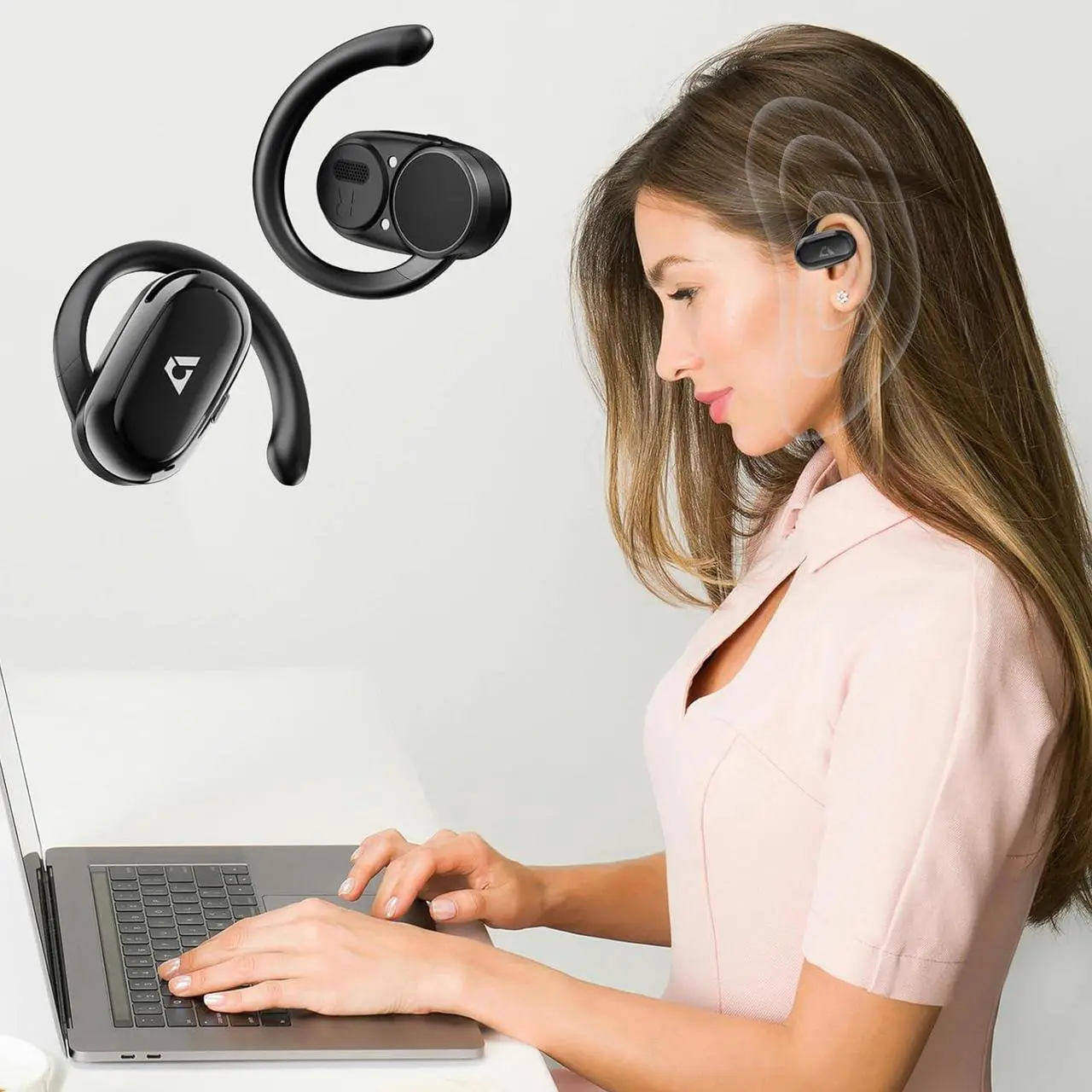 Alt view image 2 of 7 - Open Ear Headphones Wireless Sports Earbuds 60 Hours Long Playtime with Charging Case Snug Fit Bluetooth Earbuds with Rotatable Ear Hooks ENC Clear Calls Premium Sound IPX4 Waterproof Black
