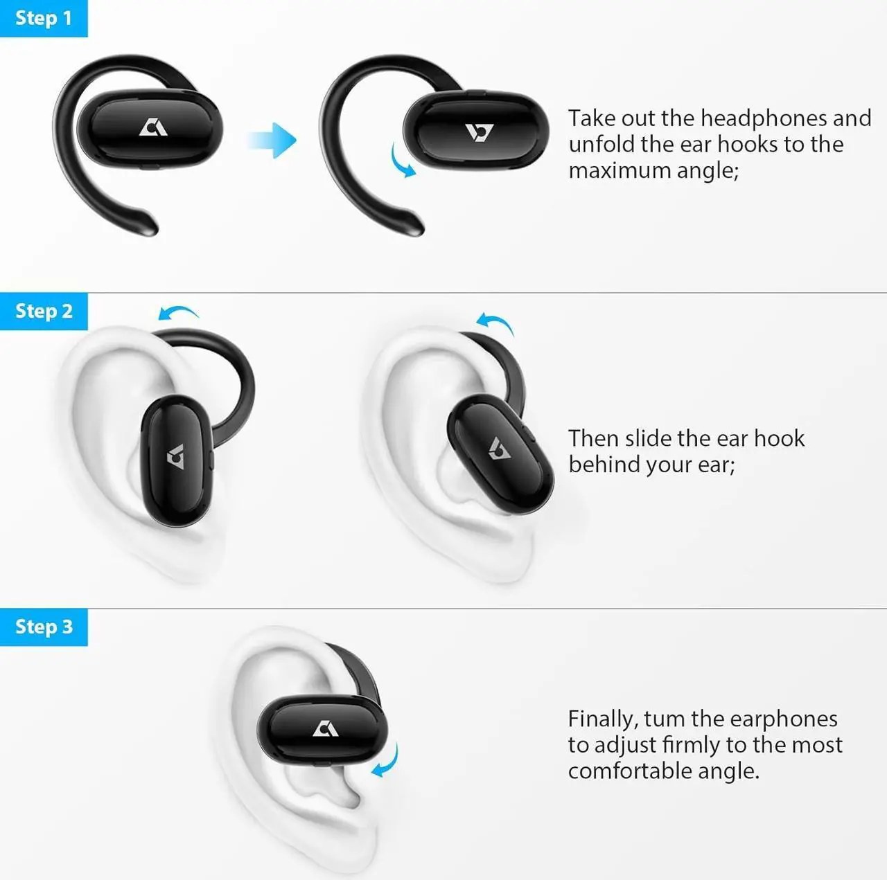 Alt view image 5 of 7 - Open Ear Headphones Wireless Sports Earbuds 60 Hours Long Playtime with Charging Case Snug Fit Bluetooth Earbuds with Rotatable Ear Hooks ENC Clear Calls Premium Sound IPX4 Waterproof Black