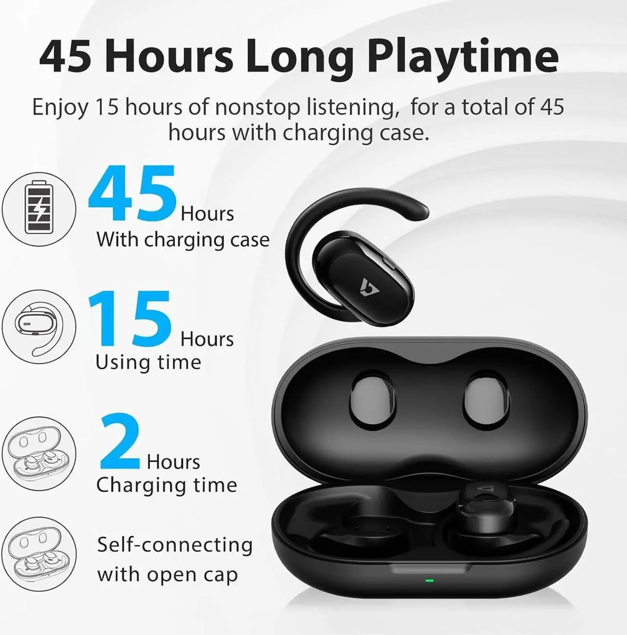 Alt view image 6 of 7 - Open Ear Headphones Wireless Sports Earbuds 60 Hours Long Playtime with Charging Case Snug Fit Bluetooth Earbuds with Rotatable Ear Hooks ENC Clear Calls Premium Sound IPX4 Waterproof Black